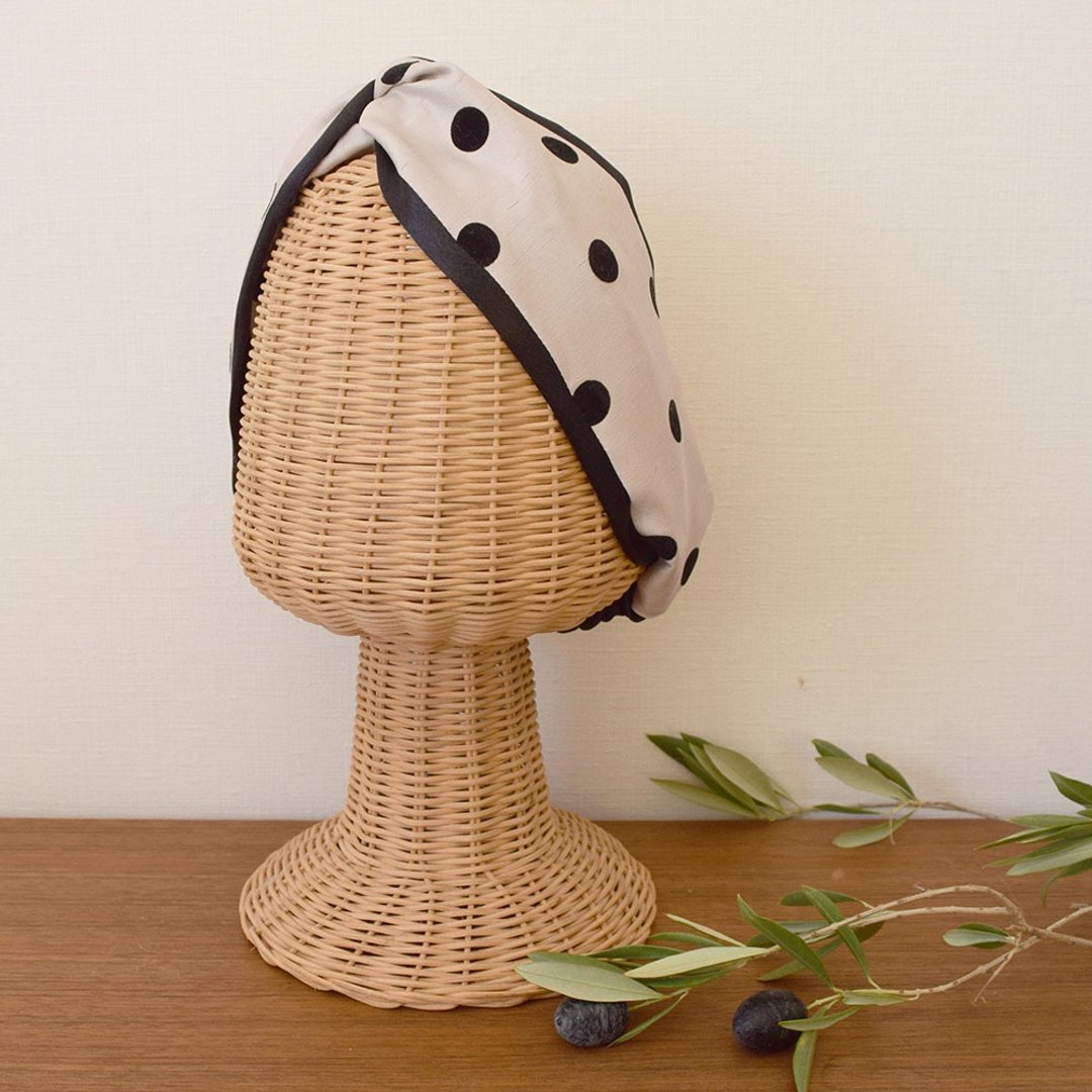 Dot Satin Cross Turban Black Beige Combi Hair Band Hair Accessory - 发饰 - 棉 黑色