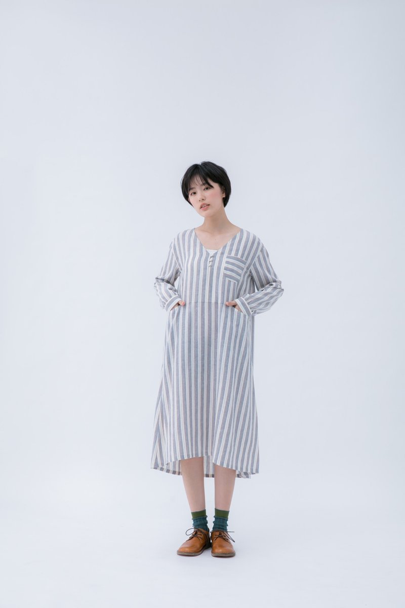 漫游之季棉麻长袖小扣洋装 - 洋装/连衣裙 - 棉．麻 灰色