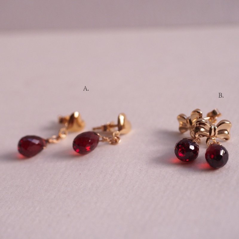14KGF AA红石榴石针式耳环 Red Garnet studs earring - 耳环/耳夹 - 半宝石 红色