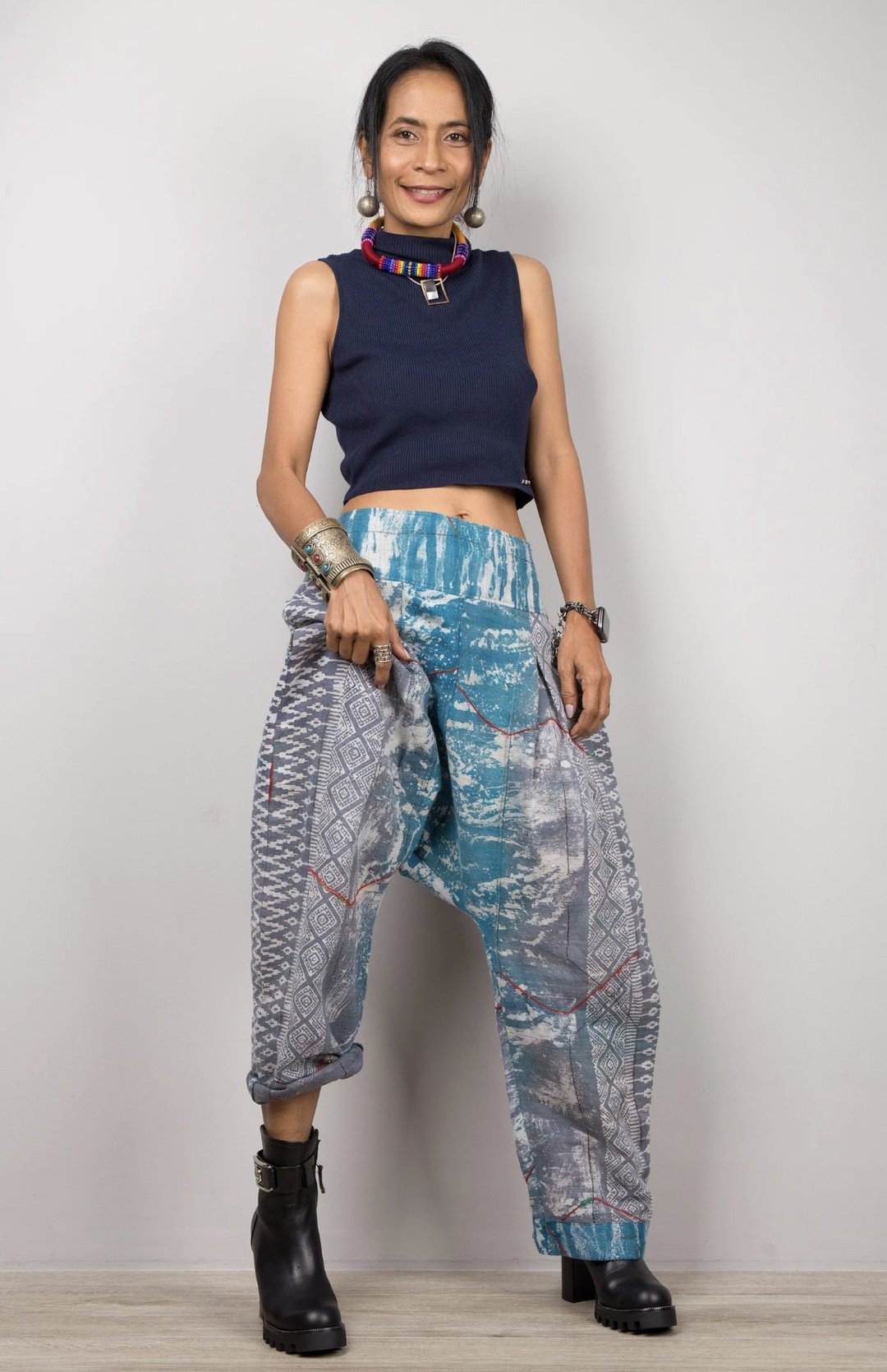Harem Pants, Unisex Pants, Hemp Cotton Pants, Zipper and pocket, Tie Dye batik - 中性裤装 - 棉．麻 蓝色