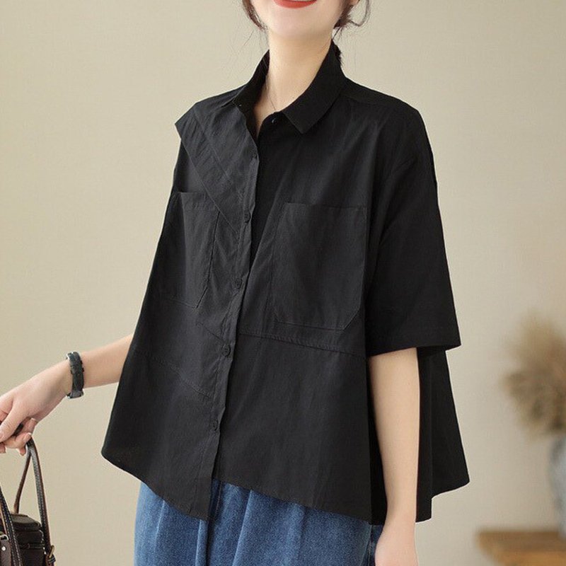 超大号棉质衬衫，落肩，手工制作，有领子装饰，适合夏天。 - 女装衬衫 - 棉．麻 多色