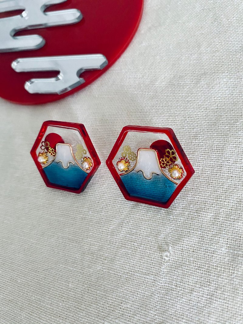 日出富士山.耳针.耳夹 - 耳环/耳夹 - 树脂 红色