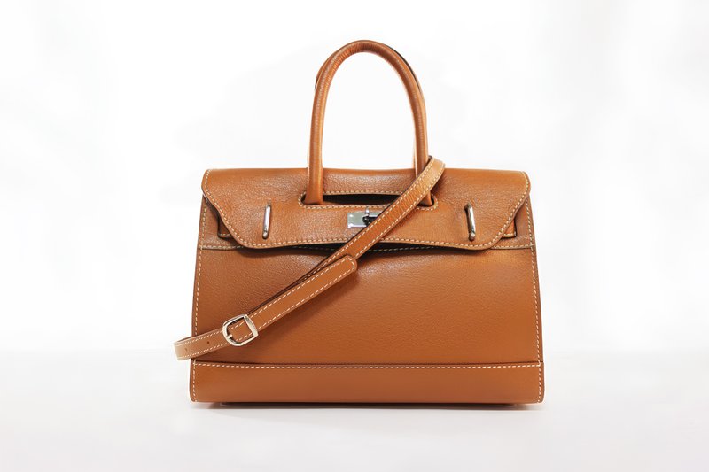 Liora | 锁头荔枝纹牛皮手提包 | 真皮 | 复古橙 - 手提包/手提袋 - 真皮 橘色