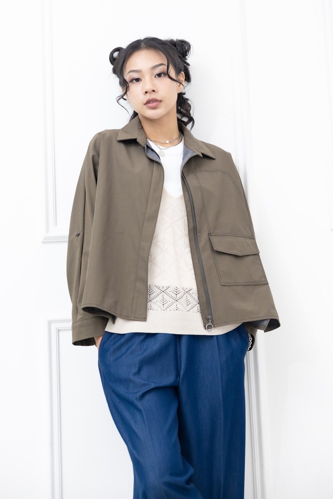 衬衫领不规则剪裁外套 军绿色 - 女装休闲/机能外套 - 其他材质 绿色