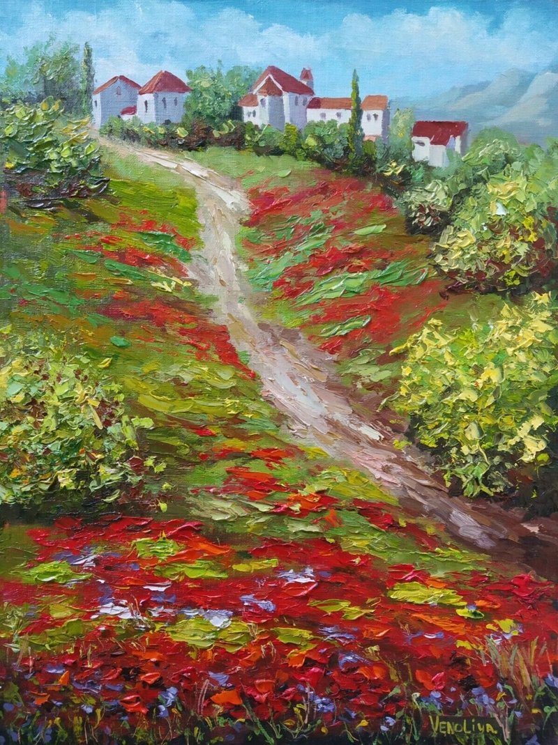 原始布面油画托斯卡纳风景罂粟田 40 x 30 厘米 - 墙贴/壁贴 - 其他材质 多色