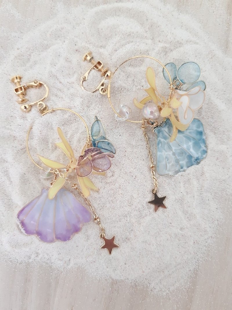 海底世界贝壳海星垂坠耳环/耳针/耳夹/树脂/ - 耳环/耳夹 - 树脂 蓝色