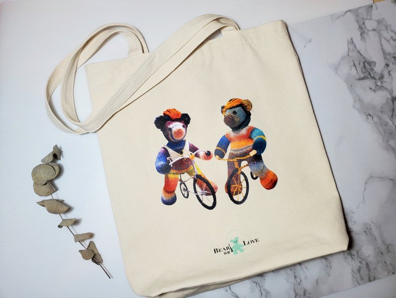 厚磅帆布袋帆布包购物袋环保袋环保购物袋收纳袋脚踏车泰迪熊 - 手提包/手提袋 - 棉．麻 卡其色
