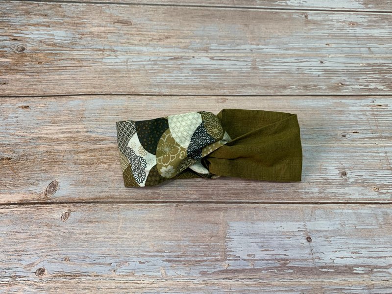 交叉发带/双色拼接款/日式扇形图纹 +橄榄绿 - 发带/发箍 - 棉．麻 绿色