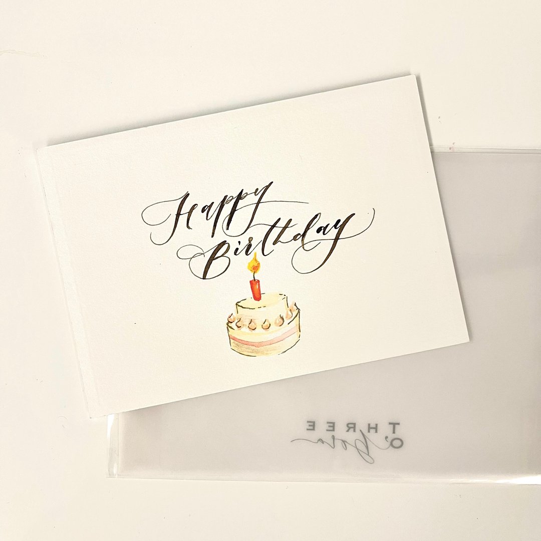 手绘水彩英文书法心意卡 - Happy Birthday - 卡片/明信片 - 纸 多色