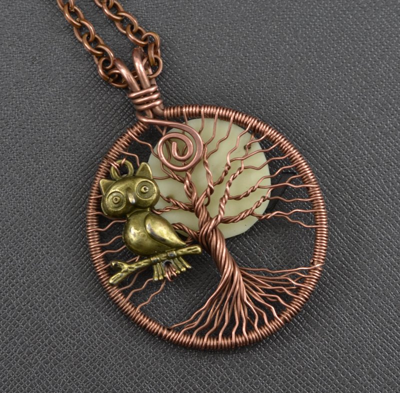 Handmade copper Owl in tree and Glow in the Dark full moon necklace pendant - 项链 - 铜/黄铜 咖啡色