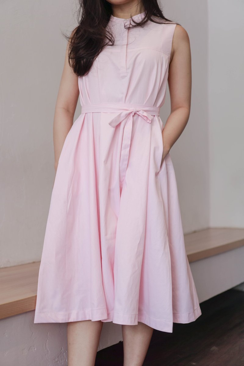 Pink Belted Dress with Mao Collar - 洋装/连衣裙 - 棉．麻 粉红色