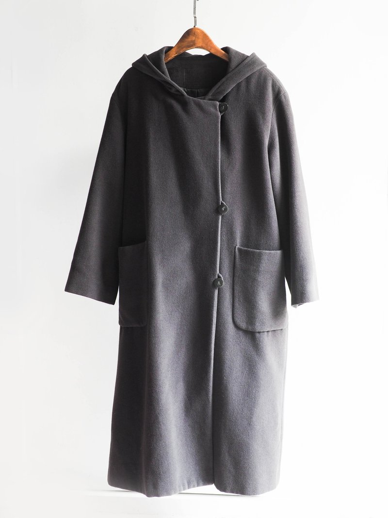 河水山 - 灰铁伯爵下午茶时光 羊呢古董毛质大衣外套 羊毛 毛呢 古着 wool vintage overcoat oversize - 女装休闲/机能外套 - 羊毛 灰色