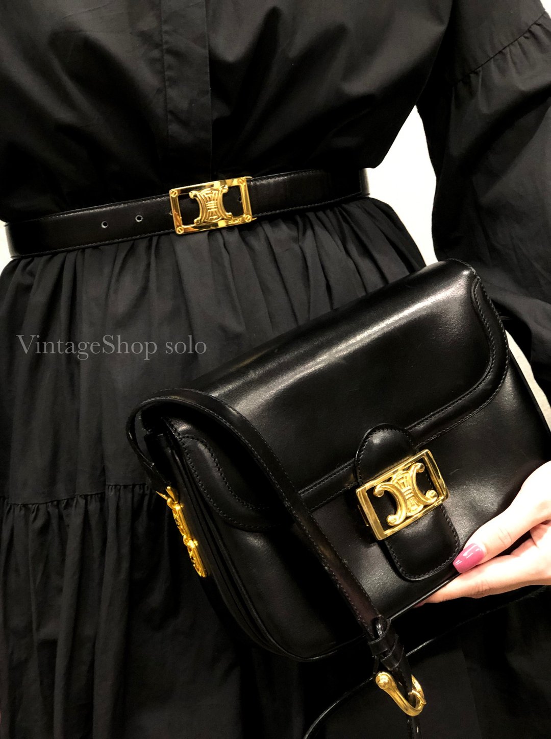 [ VintageShop solo ] CELINE Triomphe leather mini bag shoulder bag black vintage chggjy - 侧背包/斜挎包 - 真皮 黑色