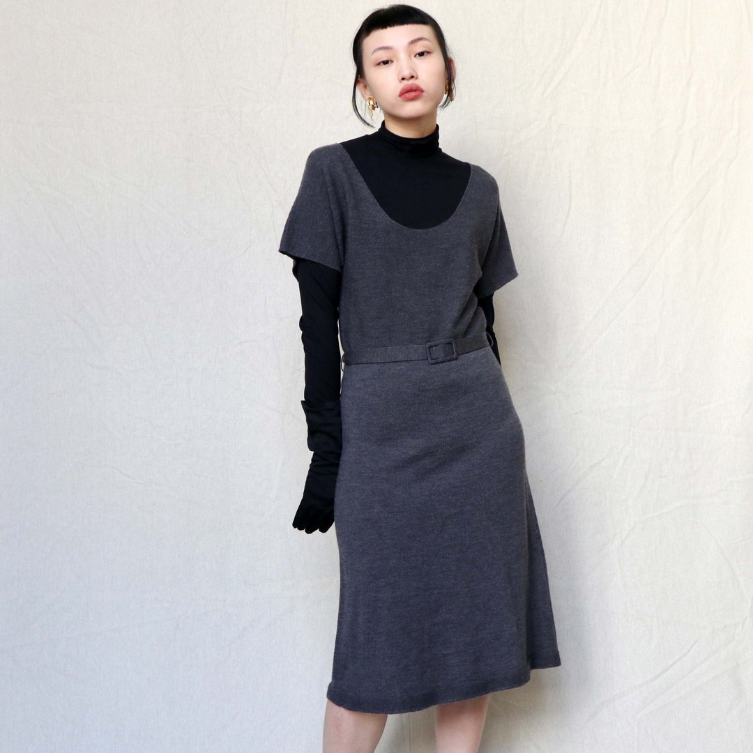 南瓜Vintage。古着 Sonia Rykiel 灰色 圆领 薄毛料 高级 洋装 - 洋装/连衣裙 - 羊毛 灰色