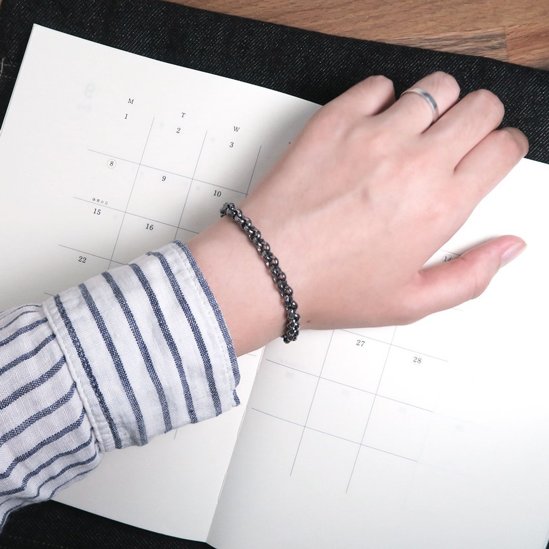 纯银可刻字 经典厚版小圆手链 复古黑(5.5mm) 925纯银 男生手链 - 手链/手环 - 纯银 黑色