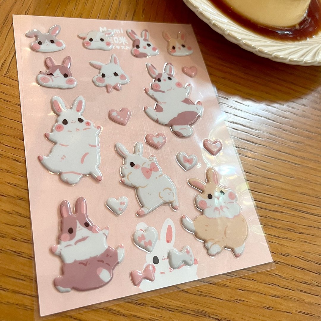 Pink x Bunny 立体泡泡贴纸/明信片set - 贴纸 - 纸 粉红色