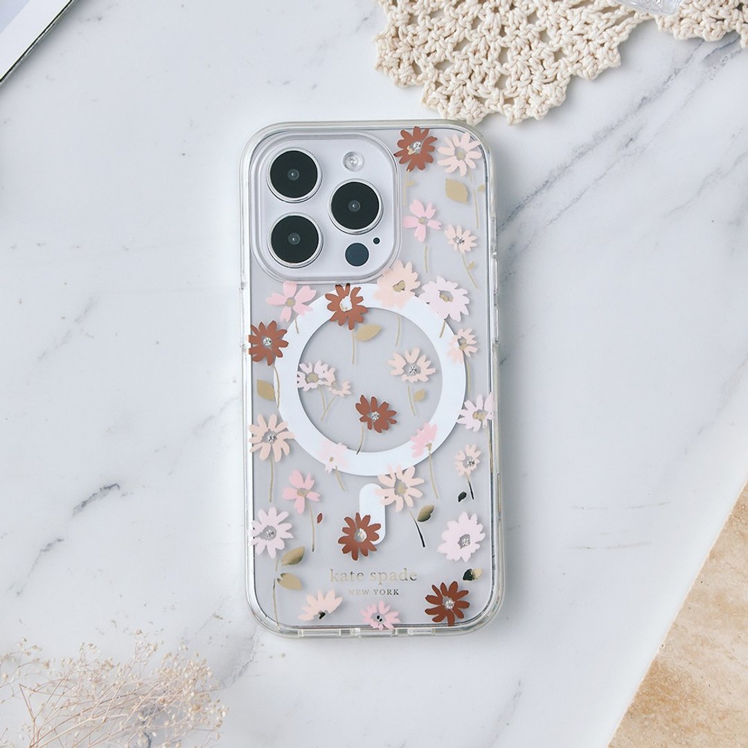 【kate spade】iPhone 15系列 MagSafe精品手机壳 初春花语 - 手机壳/手机套 - 塑料 白色