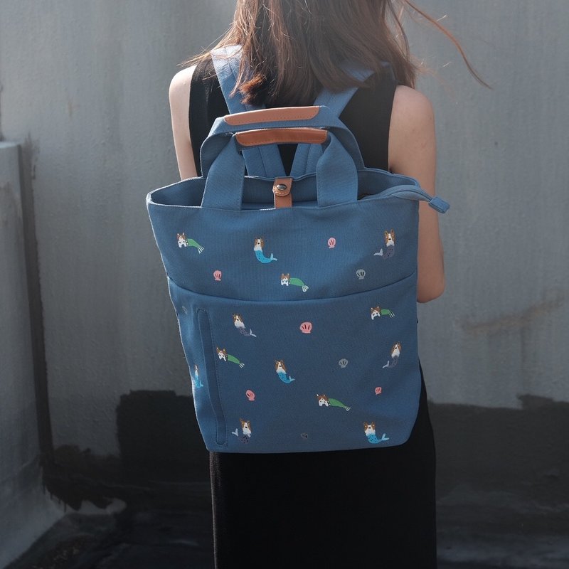 Mermaid Corgi Zipper Dumpling Backpack - 后背包/双肩包 - 尼龙 蓝色