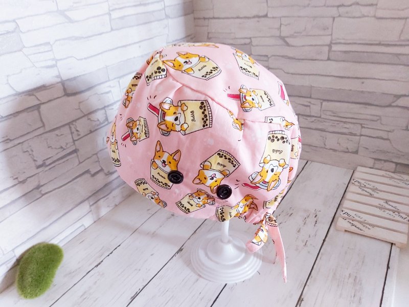 医护双层手术帽、工作帽、烘培帽 珍奶柯基犬  粉色款 - 帽子 - 棉．麻 多色
