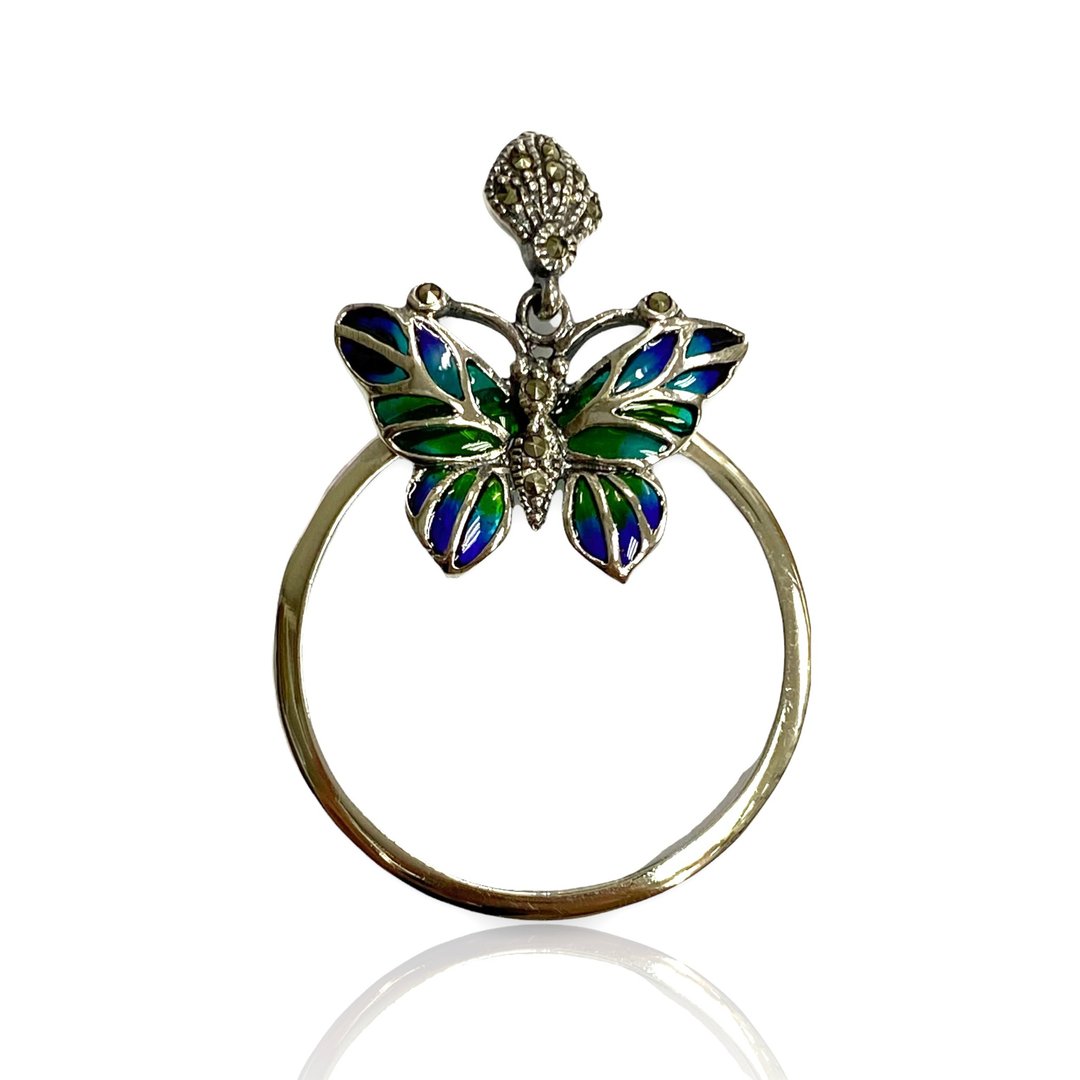 Art Nouveau Enamel Butterfly Magnifying Glass Loop Pendant 925 Sterling Silver - 其他 - 纯银 银色