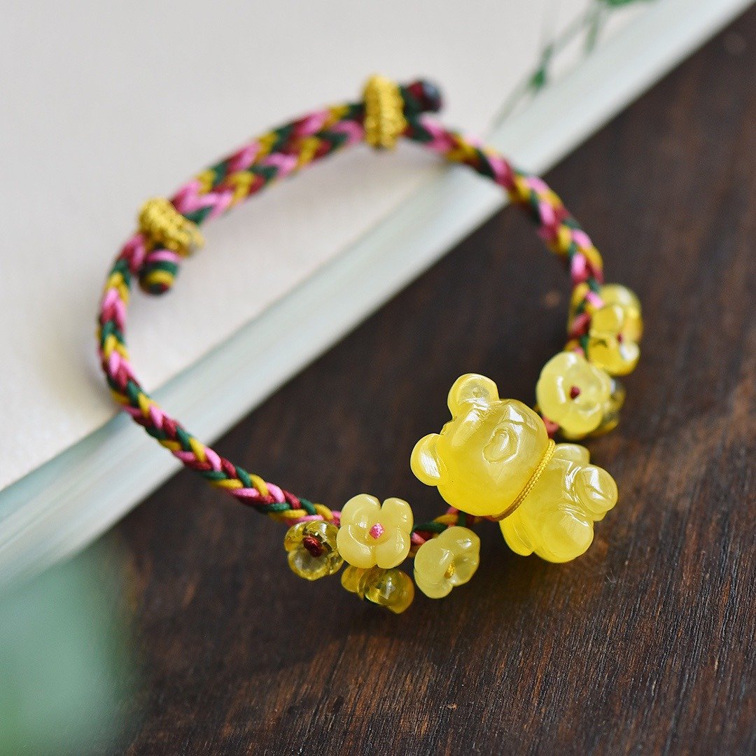 天然原矿俄罗斯蜜蜡小熊 蜜蜡桂花 设计手绳衣襟挂s - 手链/手环 - 半宝石 黄色