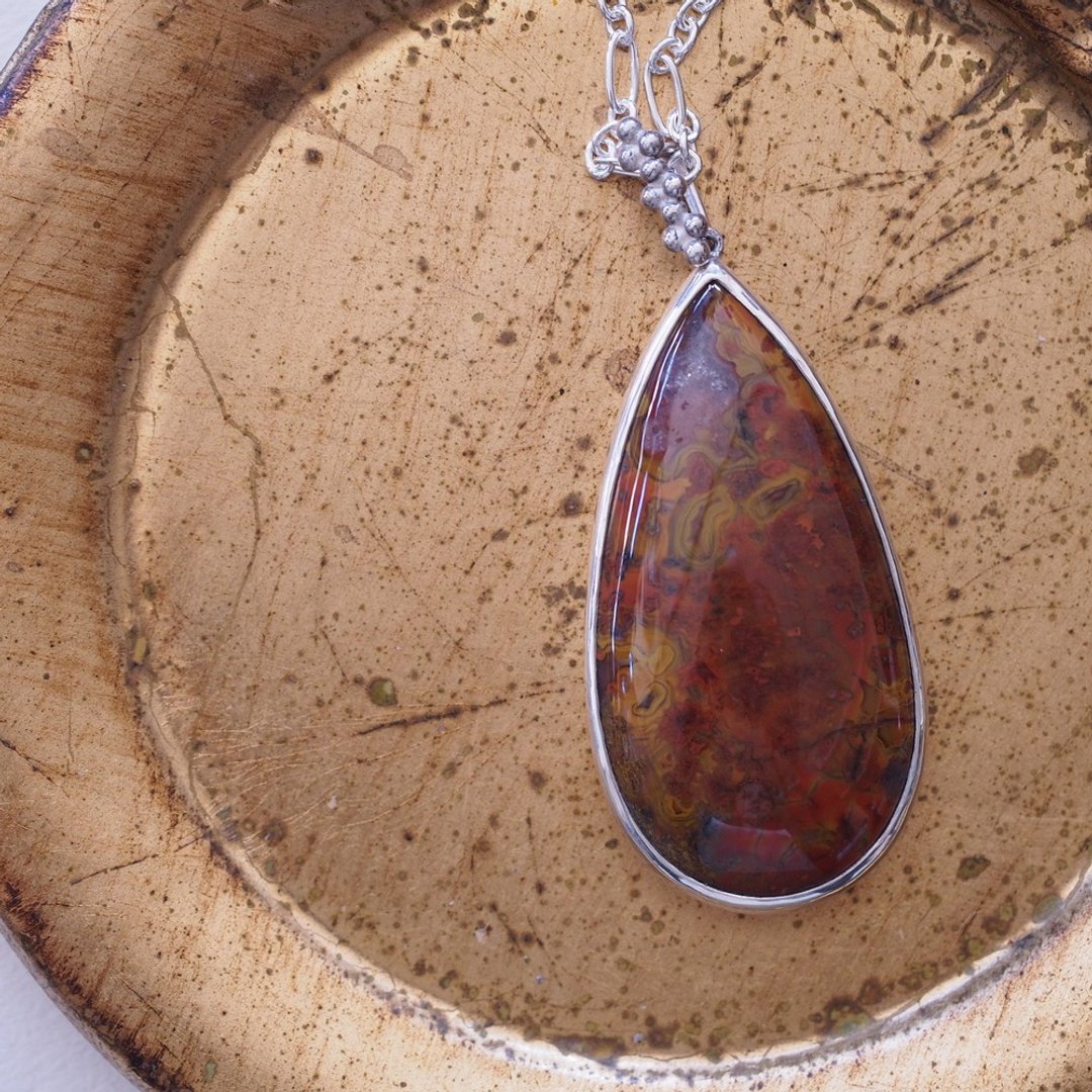 天然战国红玛瑙 大颗长形 手工纯银项链 Natural Red Agate - 项链 - 半宝石 红色