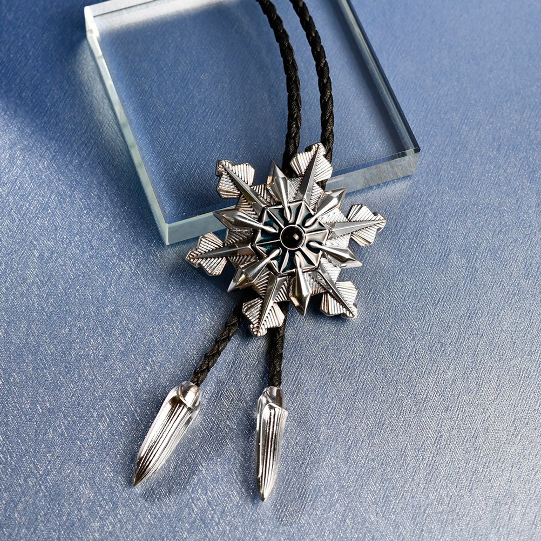 暮雪 保罗领带 Bolo Tie 真皮 皮革项链 皮绳领带 长项链 雪花 - 领带/领带夹 - 真皮 银色