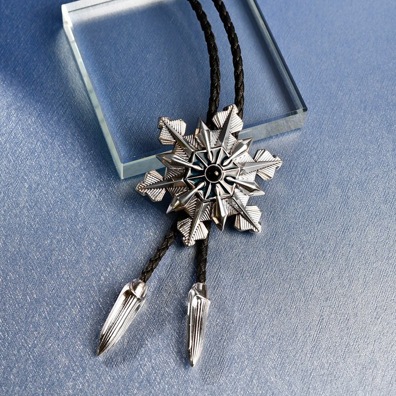 暮雪 保罗领带 Bolo Tie 真皮 皮革项链 皮绳领带 长项链 雪花 - 领带/领带夹 - 真皮 银色