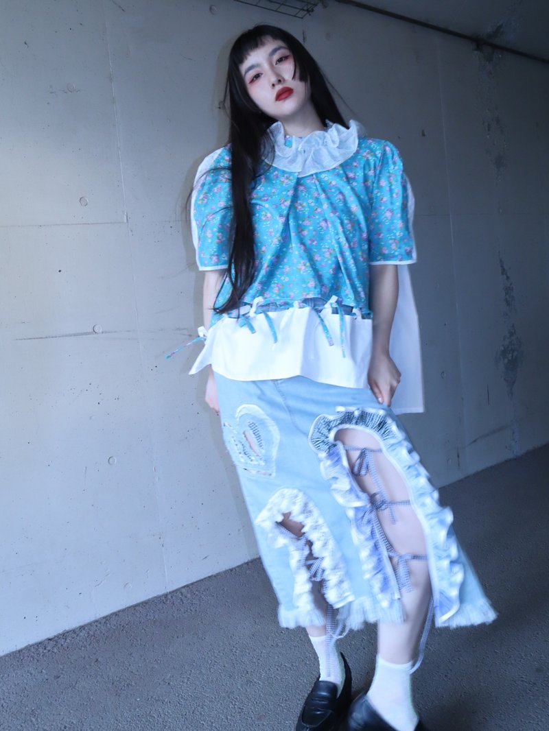 2way褶皱设计上衣4011BL meikeiin原创设计手作东京直邮 - 女装上衣 - 棉．麻 蓝色