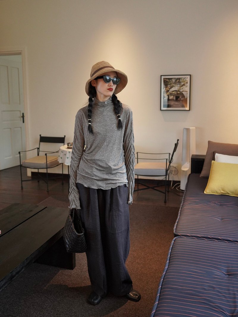 秋冬季天丝羊毛高领套头褶皱微喇叭加长袖氛围感打底衫 - 女装上衣 - 其他材质 