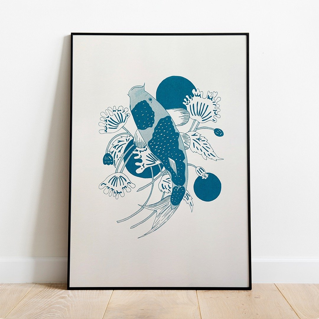 Blue Screen Printed A2 Poster // Silk Screen // Koi and Shadow // Japan Decor - 海报/装饰画/版画 - 纸 蓝色