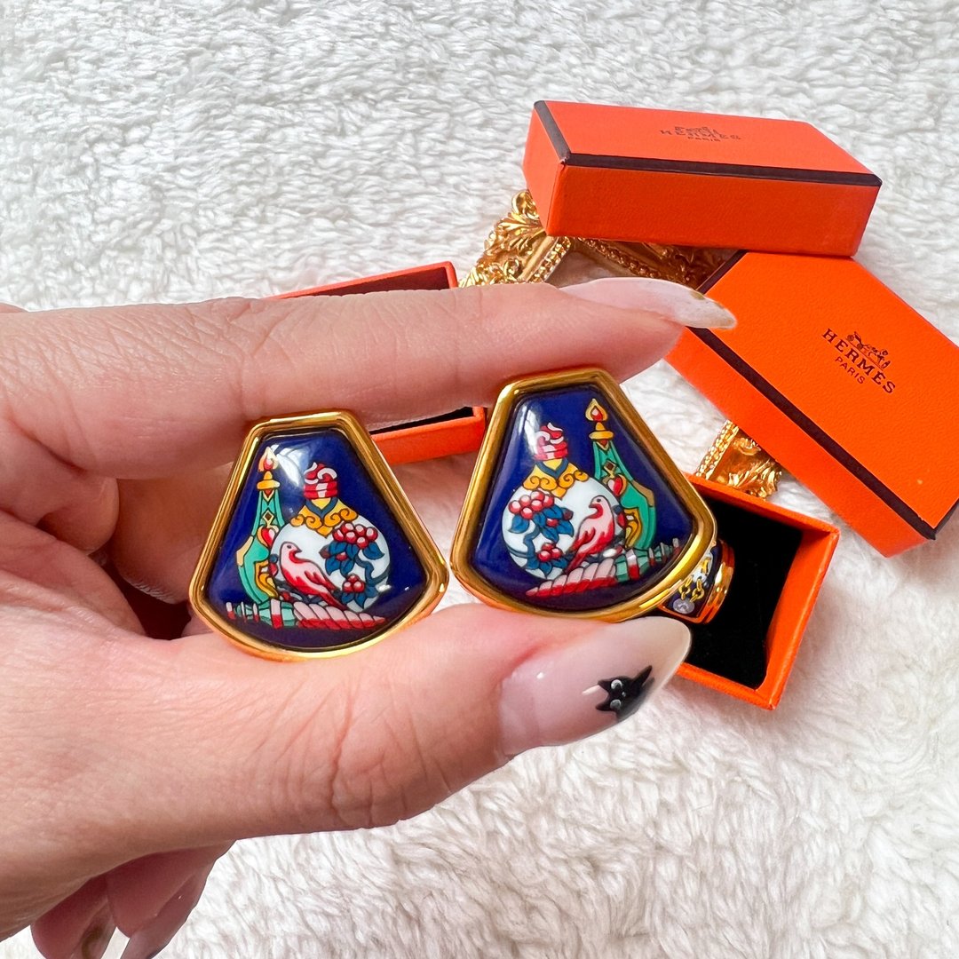 【日本中古】Vintage HERMÈS 七宝烧珐琅青花瓷耳夹 原装盒附 - 耳环/耳夹 - 其他金属 蓝色