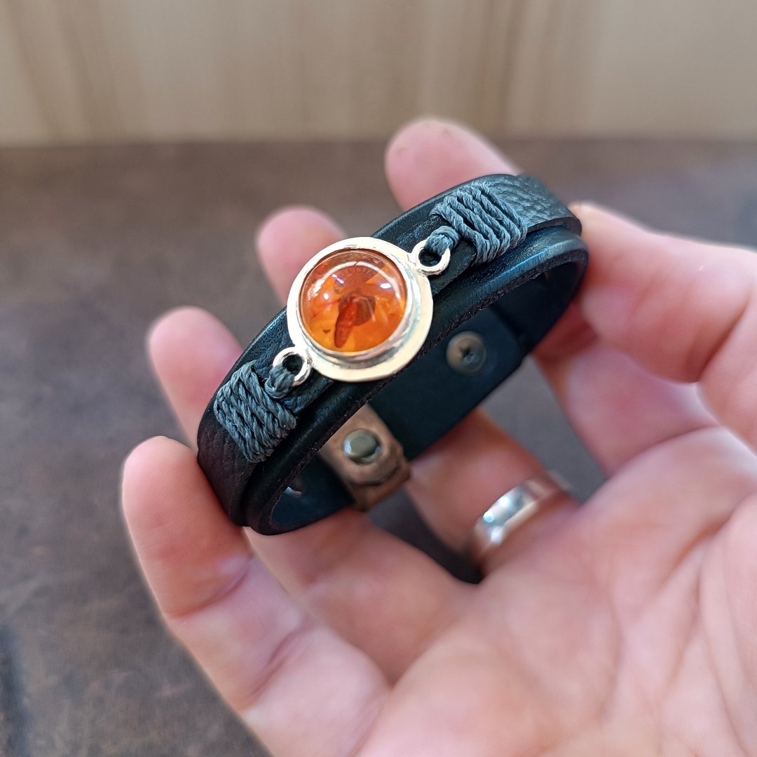 天然琥珀皮革手链 男士手工银饰手链 可调节设计 - 手链/手环 - 真皮 黑色