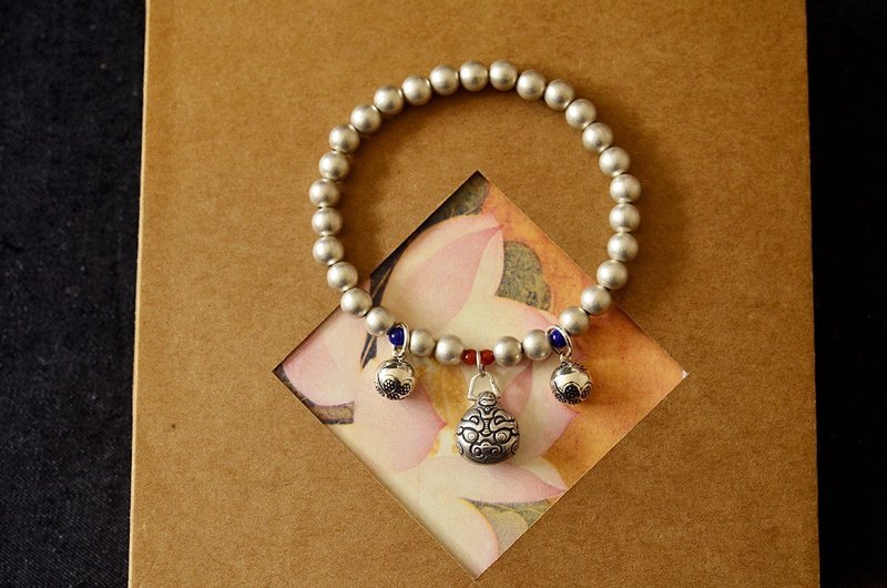 手工纯银吞金兽 南红青金设计纯银珠珠手串 - 手链/手环 - 纯银 银色