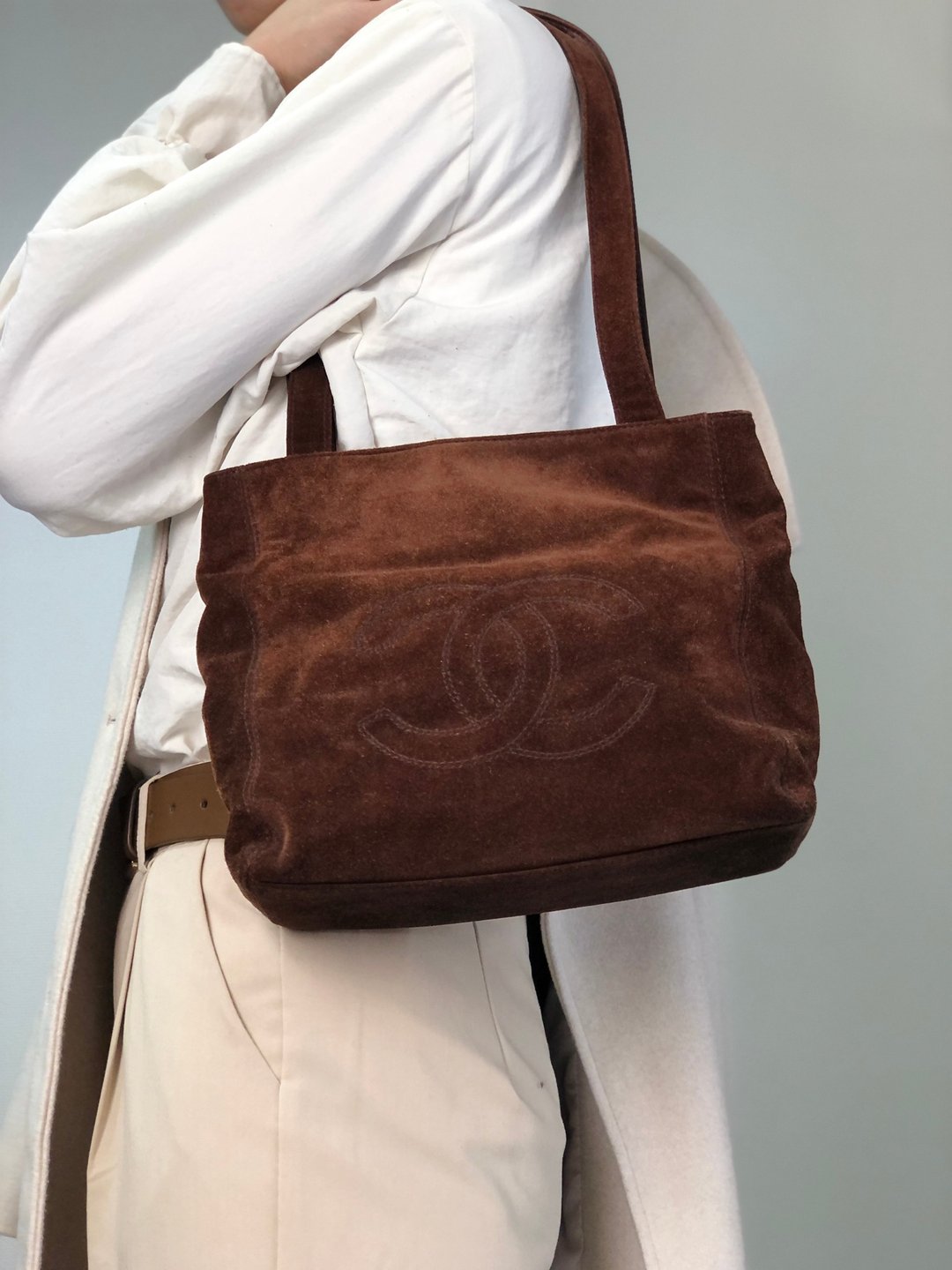 【日本直送 名牌二手包】CHANEL 香奈儿 托特包 棕色 经典双C logo 麂皮 vintage 古着 s32c85 - 手提包/手提袋 - 真皮 咖啡色
