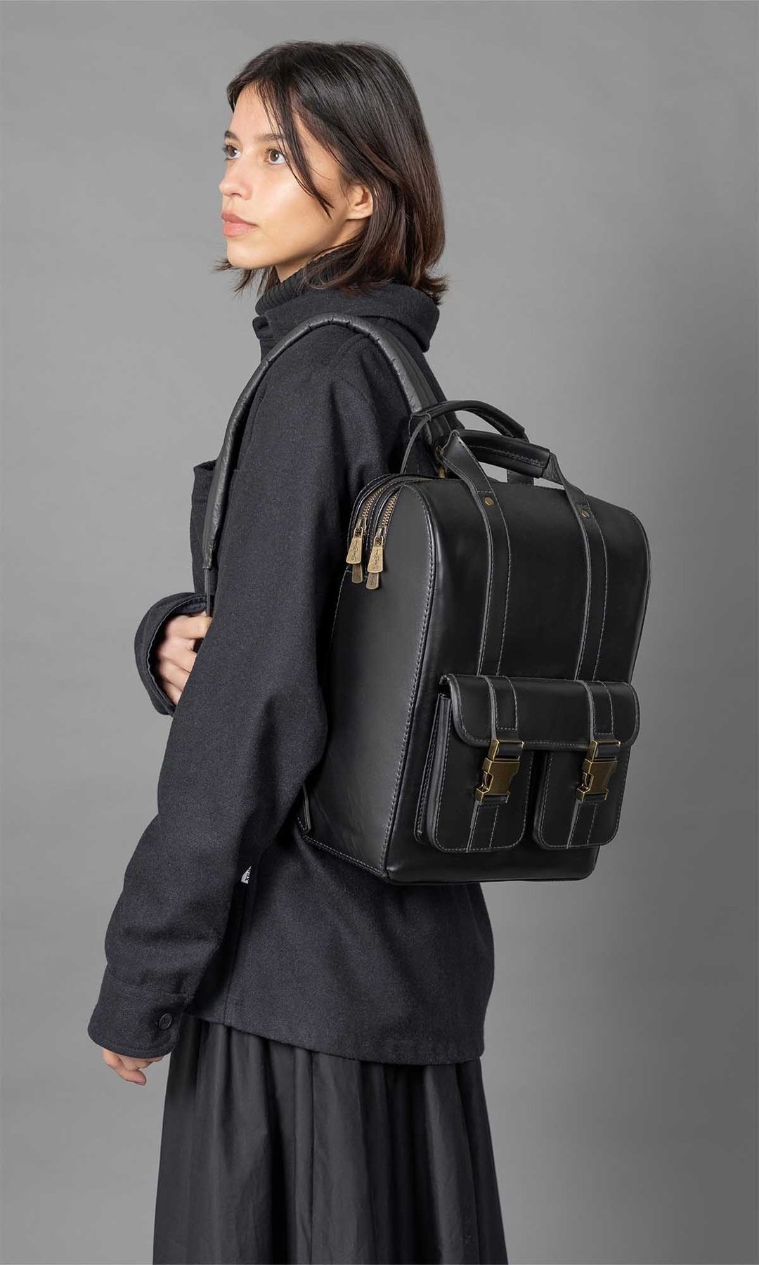 WILL 软黑牛皮摩登双层拉链后背包 中号 - 后背包/双肩包 - 真皮 黑色