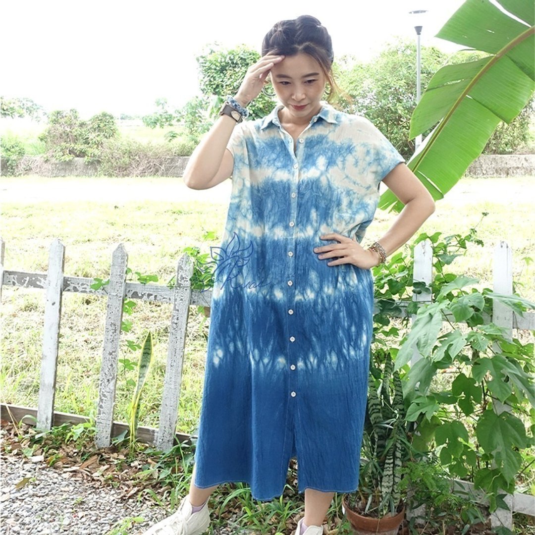 蓝染小圆领长版衬衫两穿洋装 - 洋装/连衣裙 - 棉 蓝色