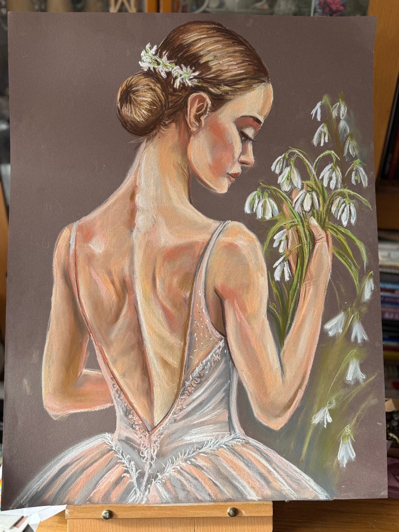 雪滴花画作 艺术 芭蕾舞者 素描 芭蕾 粉彩 春日花卉 艺术品 - 墙贴/壁贴 - 纸 粉红色