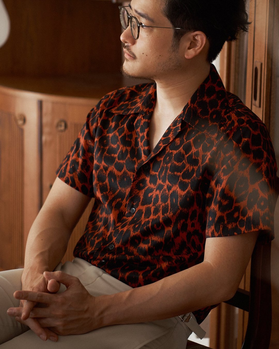 Red & black Charmeuse Leopard print shirt - 男装衬衫 - 棉 红色