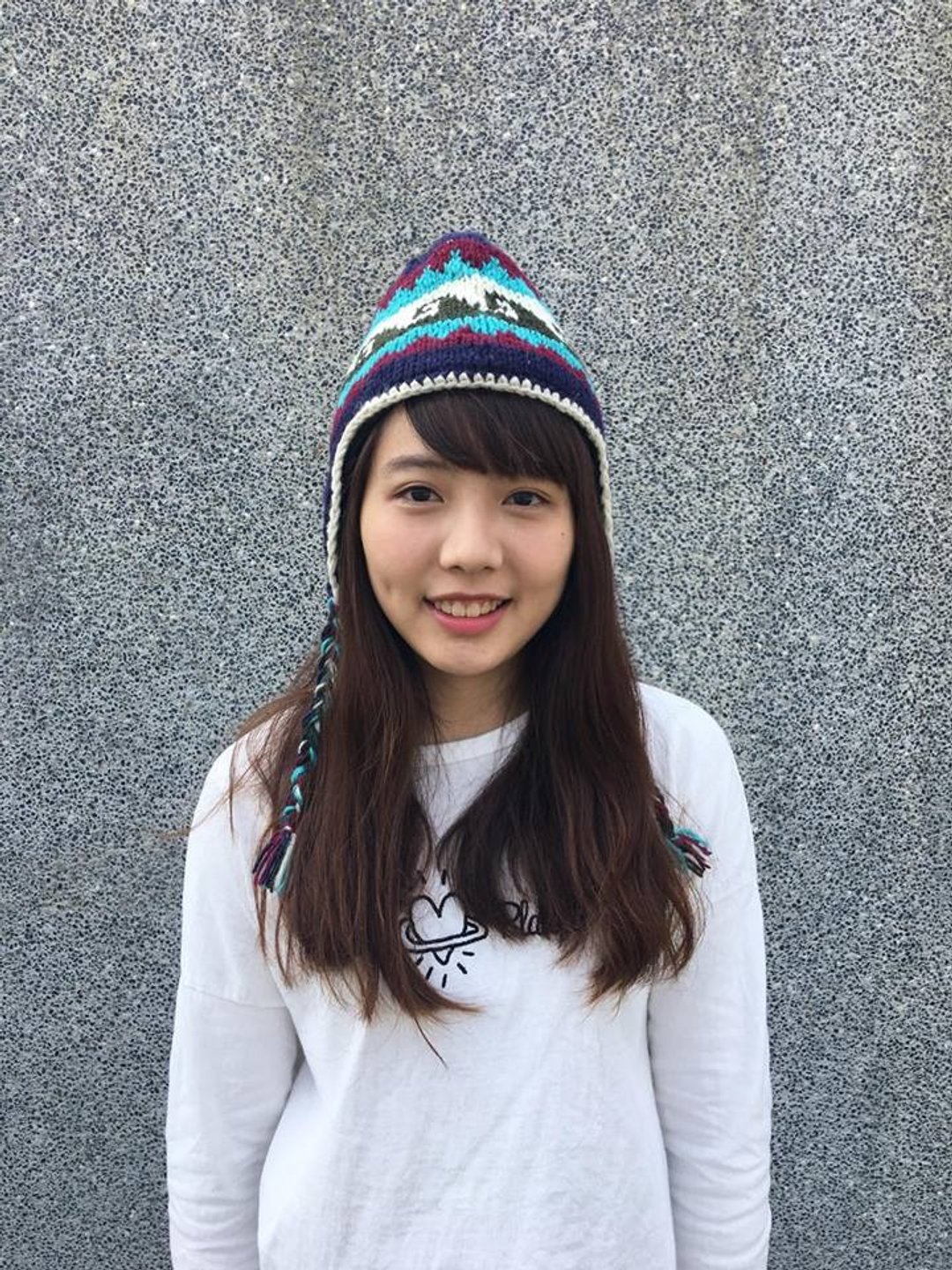 尼泊尔100%wool手工厚针织羊毛帽-酒红x深蓝x白x墨绿 海浪配色 - 帽子 - 羊毛 多色