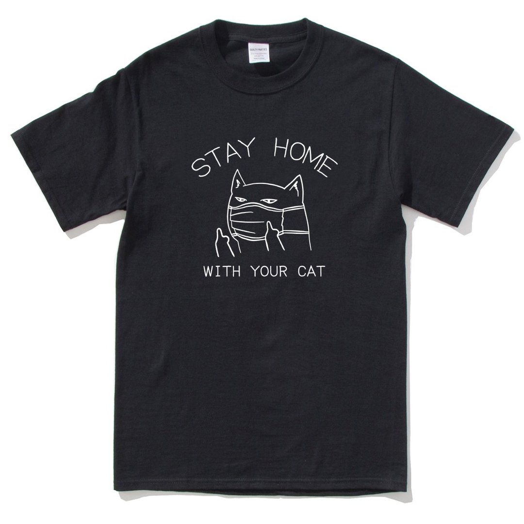 STAY HOME WITH YOUR CAT 短袖T恤 黑色 跟你的猫咪待在家里 - 男装上衣/T 恤 - 棉．麻 黑色