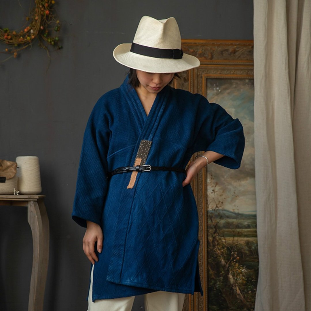靛藍色 山那邊 劍道服補丁和服開衫 藍染植物染長袖外套 Kimino - 女装休闲/机能外套 - 棉 蓝色