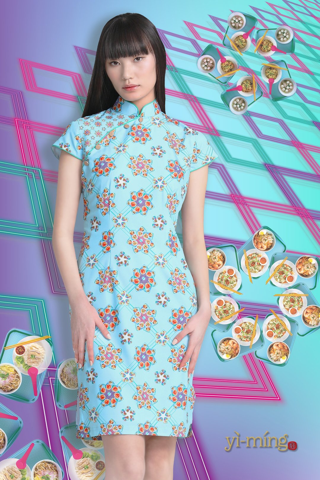 KALENA 新加坡料理印花旗袍 - 旗袍 - 聚酯纤维 蓝色