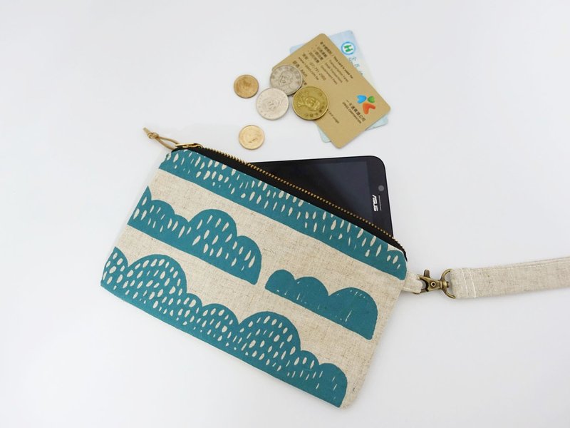 手工绢印 手拿包 山型 - 手拿包 - 棉．麻 蓝色