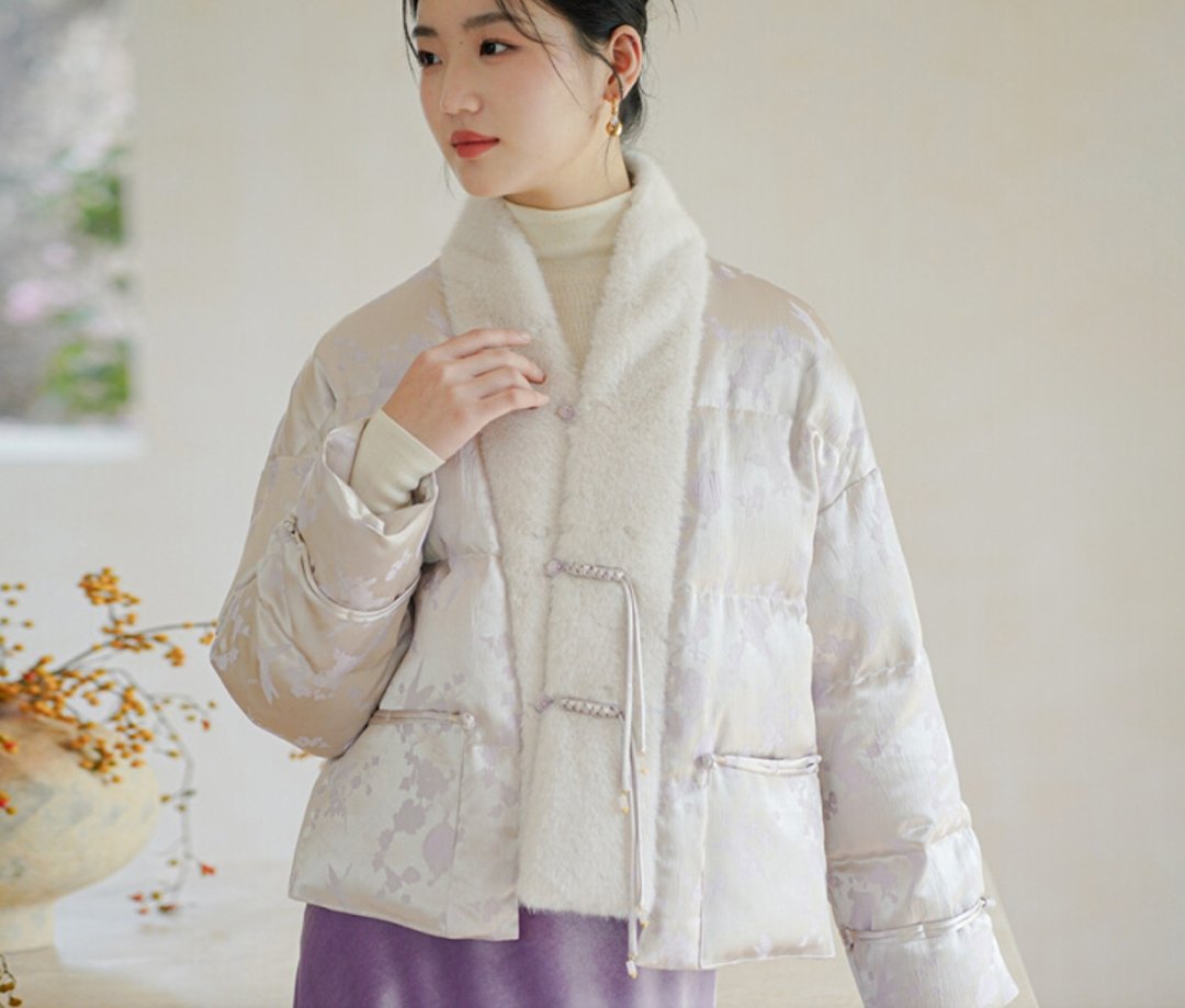 新中式復古中國風 提花毛毛领短款羽绒服外套 - 女装上衣 - 聚酯纤维 银色