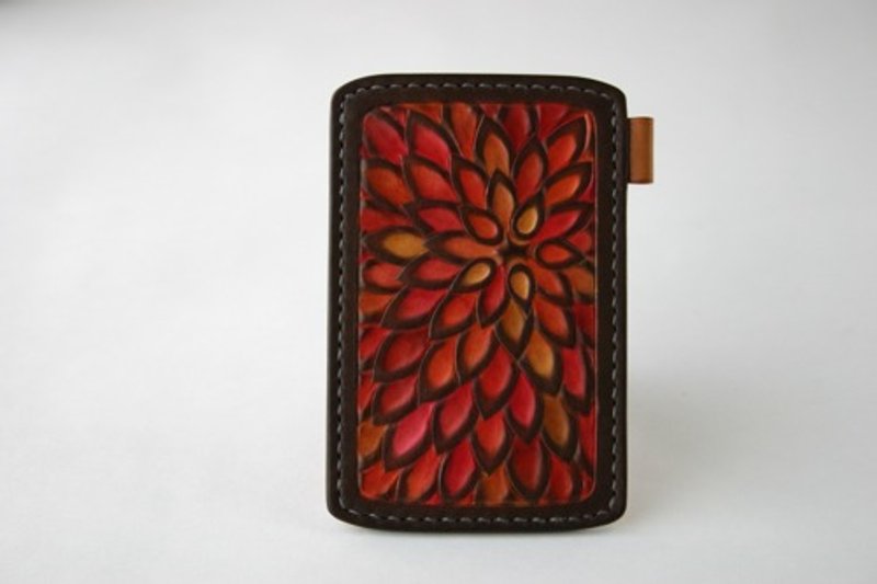 手染手缝皮革证件夹 花 绯红色 - 证件套/卡套 - 真皮 红色