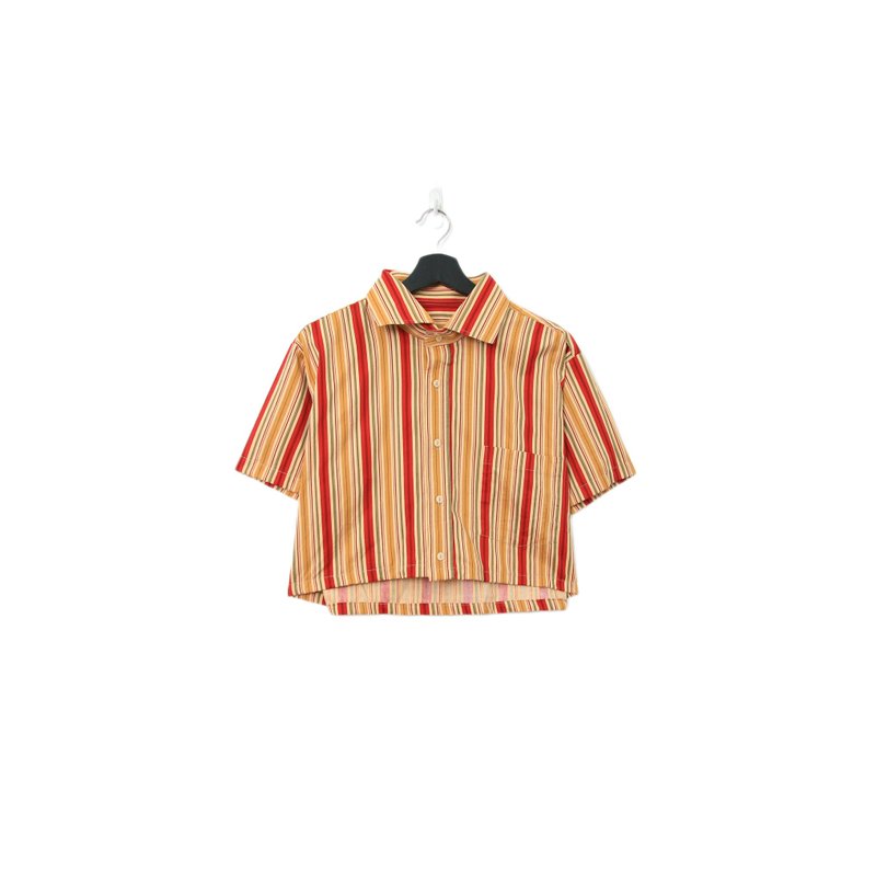 Back to Green-再制短板条纹衬衫 夕阳橘红 wt-05//vintage shirt - 女装衬衫 - 棉 