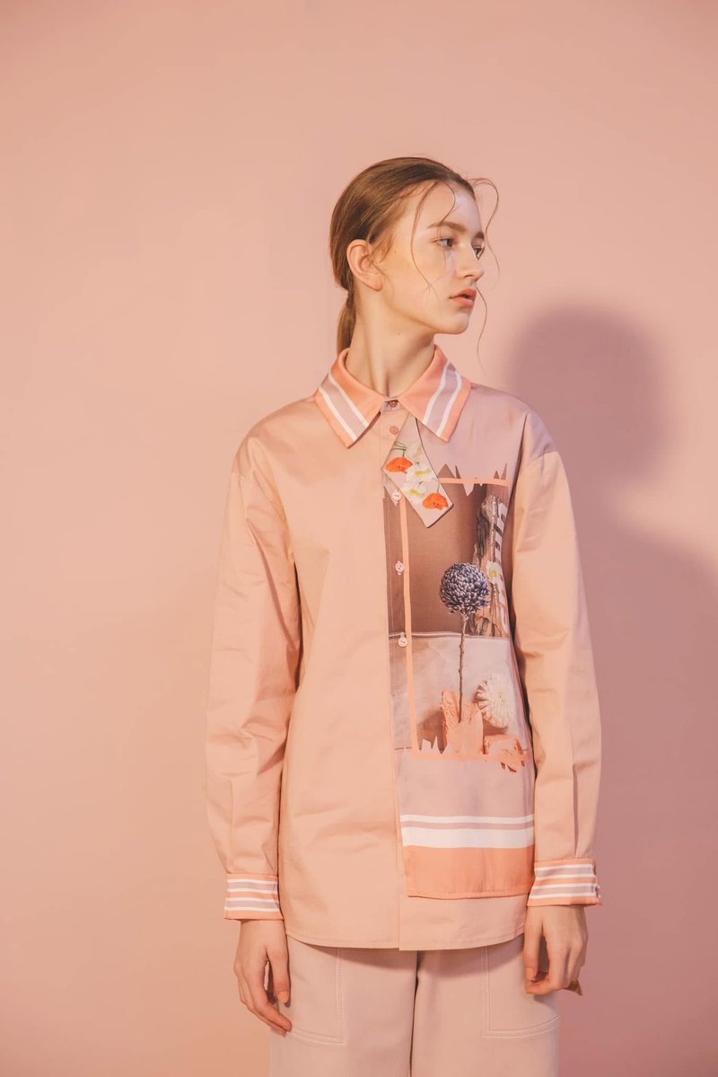 Sample Sale/ 数位印花拼接衬衫-粉橘 - 女装衬衫 - 棉．麻 橘色