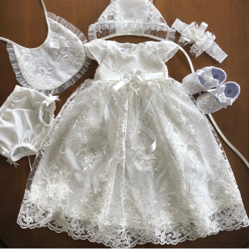Ivory clothing set for baby girl: dress, bonnet, headband, bib, panties, shoes. - 童装礼服/连衣裙 - 其他材质 
