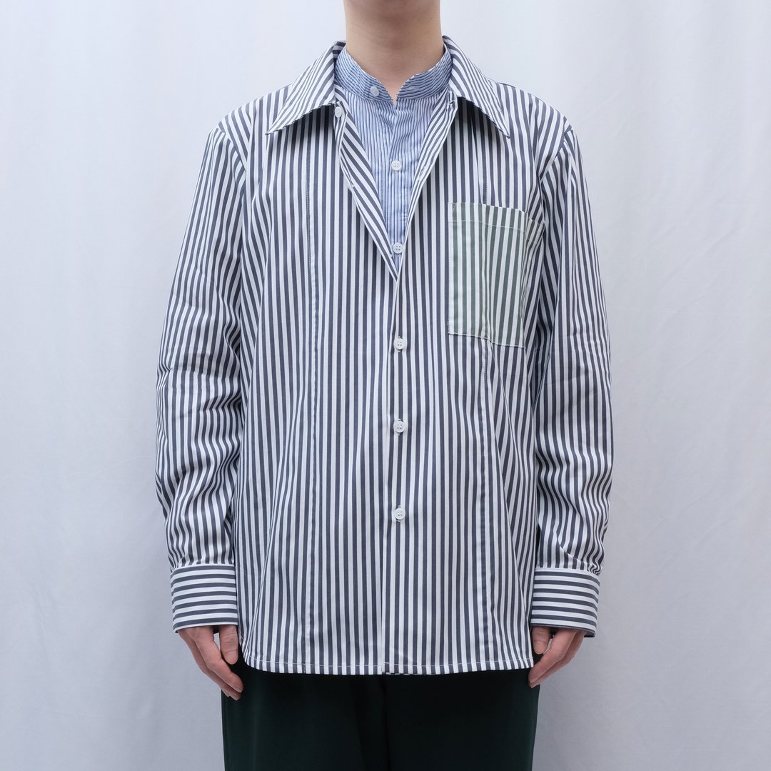 KAIKAI - Faded - 两件式条纹撞色衬衫 - 蓝 - 男装衬衫 - 棉 蓝色